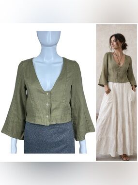 Zii Ropa 100% Linen Button Front Bell Sleeve Top Size XS Green Lagenlook Blouse